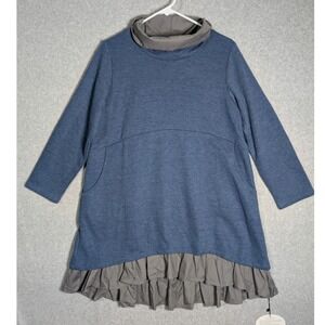 Mori Kei Tunic Dress Lagenlook Ruffle Hem Funnel Neck Pockets Womens Medium